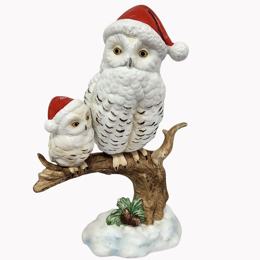 Vintage Enesco 1991 Christmas Owls 6" Ceramic Figurine With Santa Hats